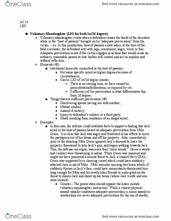 AJ 014 Lecture Notes - Lecture 30: Voluntary Manslaughter, Assault, Homicide thumbnail