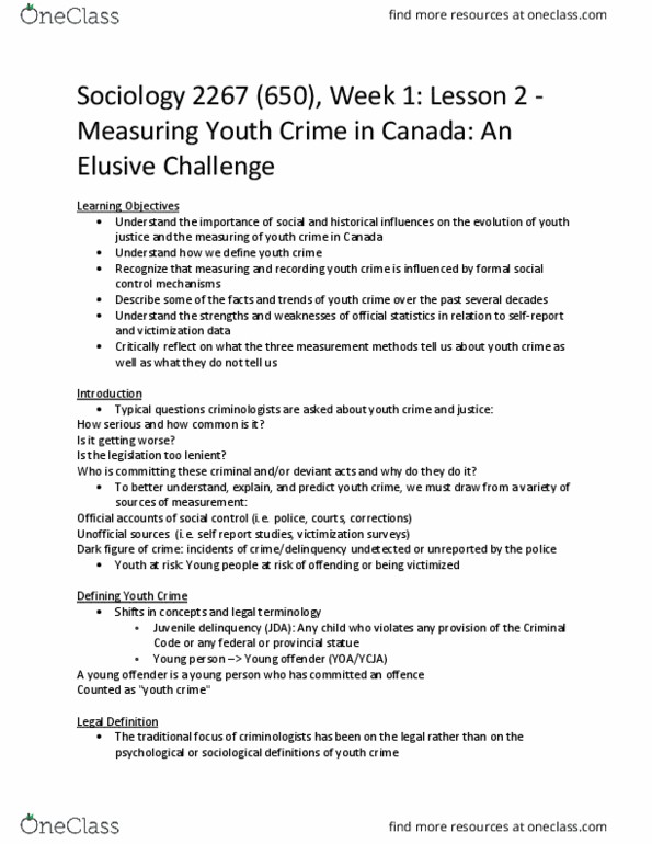 Sociology 2267A/B Lecture Notes - Lecture 1: Juvenile Delinquency, Young Offender, Young Offenders Act thumbnail