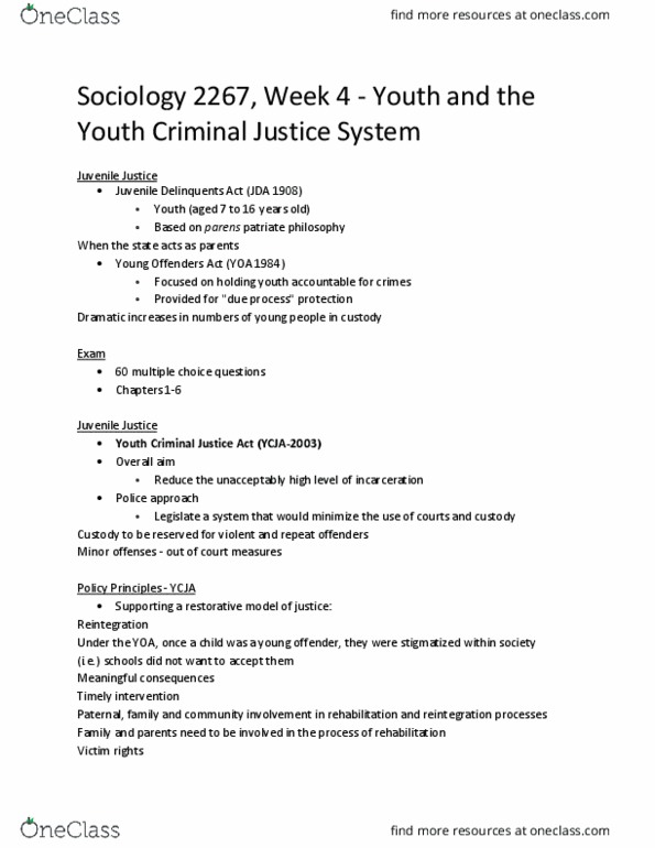 Sociology 2267A/B Lecture Notes - Lecture 4: Youth Criminal Justice Act, Young Offenders Act, Patriation thumbnail