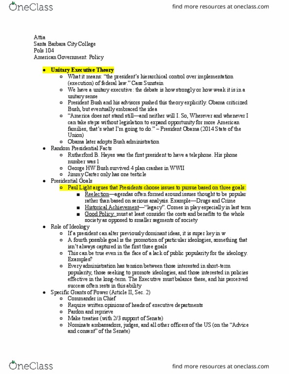 POLS 104 Lecture Notes - Lecture 14: Hierarchical Routing, Santa Barbara City College, Unitary Executive Theory thumbnail