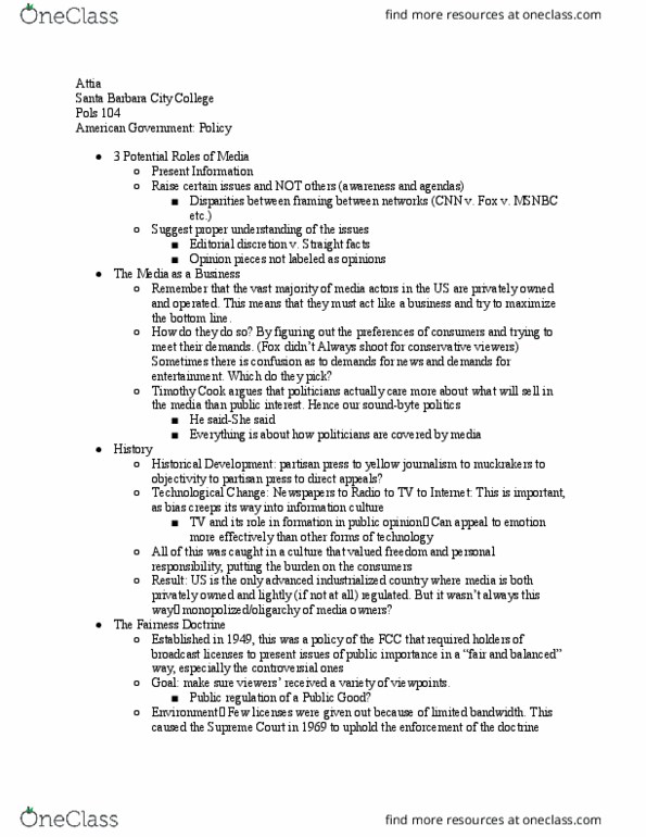 POLS 104 Lecture Notes - Lecture 20: Santa Barbara City College, Fairness Doctrine, Yellow Journalism thumbnail