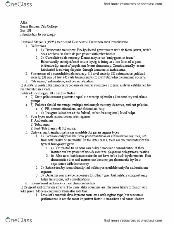SOC 101 Lecture Notes - Lecture 26: Santa Barbara City College, Democratic Consolidation, De Jure thumbnail