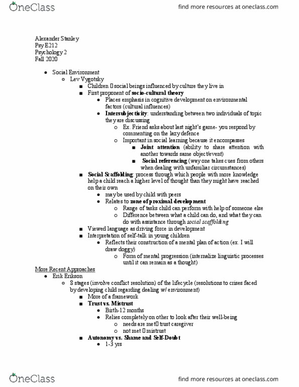 PSY E112 Lecture Notes - Lecture 13: Lev Vygotsky, Erik Erikson, Joint Attention thumbnail