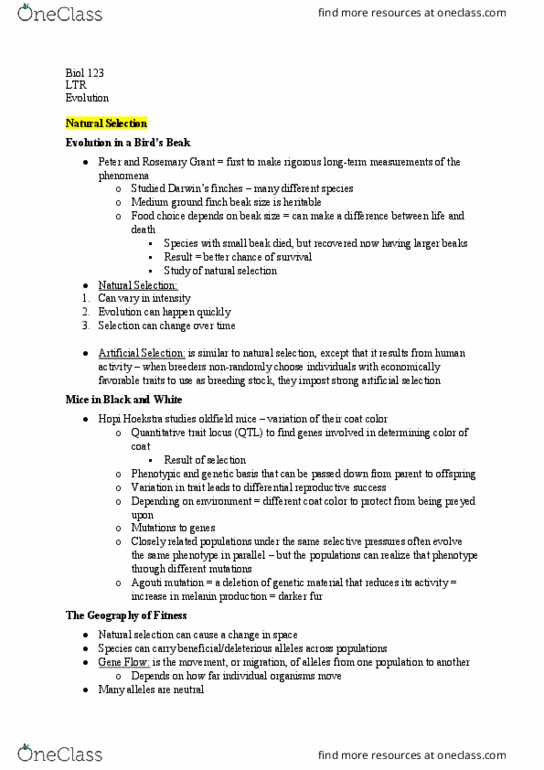 BIOL 123 Lecture Notes - Lecture 13: Selective Breeding, Chromosome, Medium Ground Finch thumbnail