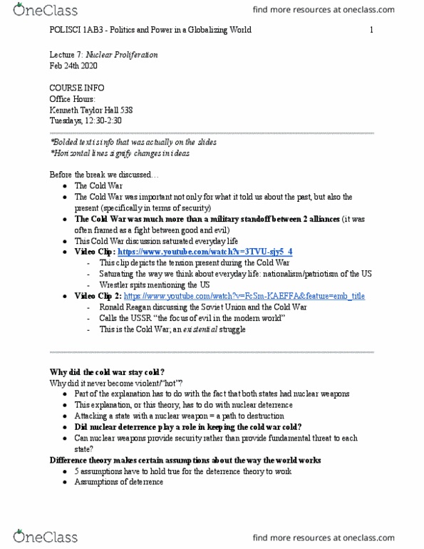 POLSCI 1AB3 Lecture Notes - Lecture 7: Ahold, Treaty On The Non-Proliferation Of Nuclear Weapons, Nuclear Technology thumbnail