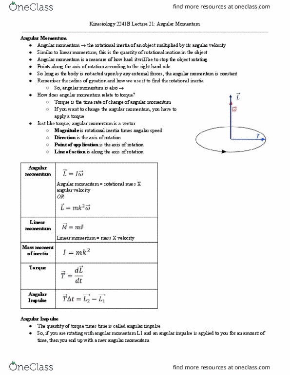 Kinesiology 2241A/B Lecture Notes - Lecture 21: Linear Motion, Momentum, Gyroscope thumbnail