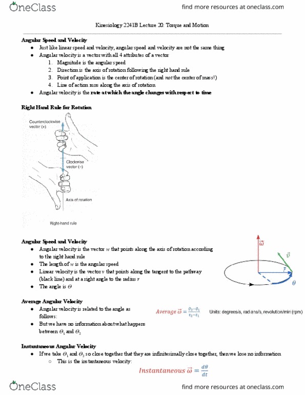 Kinesiology 2241A/B Lecture Notes - Lecture 20: Gyration, Angular Acceleration, Moment Of Inertia thumbnail