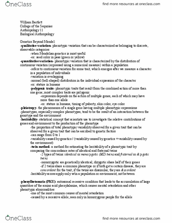 ANTH 011 Lecture Notes - Lecture 30: Phenylalanine, Biological Anthropology, Parental Investment thumbnail