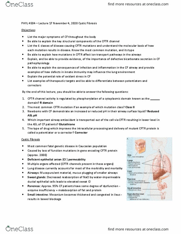 PHYL 4504 Lecture Notes - Lecture 17: Cystic Fibrosis, Meconium, Ileus thumbnail