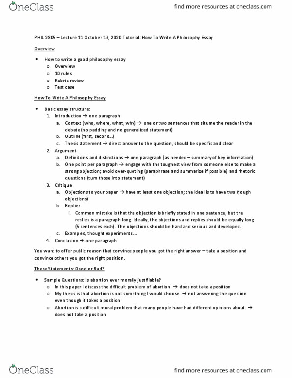 PHIL 2805 Lecture Notes - Lecture 11: Thesis Statement, Test Case, Ad Hominem thumbnail