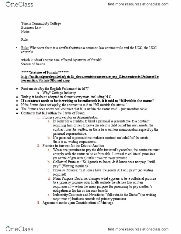 BBG 231 Lecture Notes - Lecture 4: Tunxis Community College, Oral Contract, Specific Performance thumbnail
