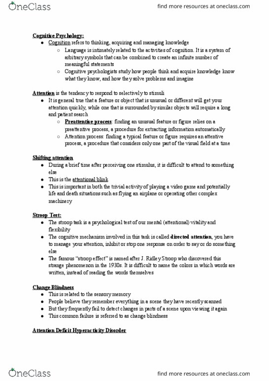 01:830:101 Lecture Notes - Lecture 9: Stroop Effect, Attentional Blink, Change Blindness thumbnail