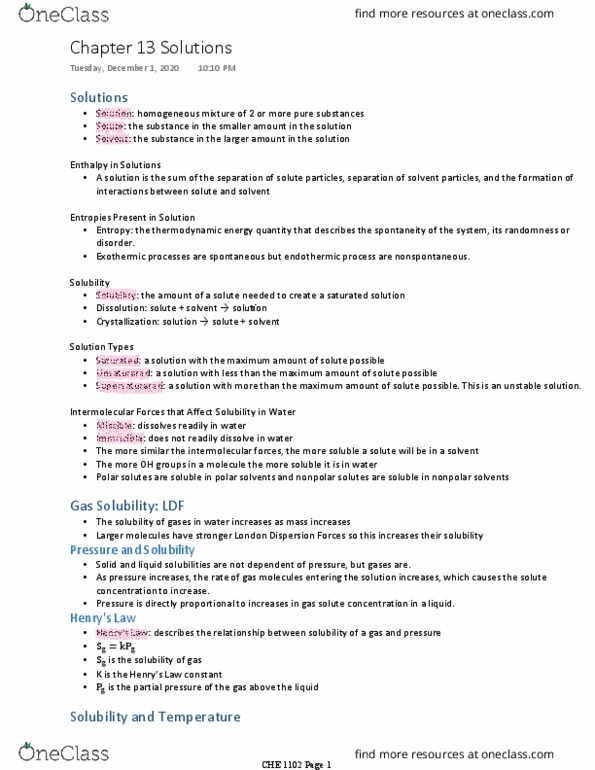 CHE-1102 Chapter Notes - Chapter 13: Strong Electrolyte, Miscibility, Freezing-Point Depression thumbnail