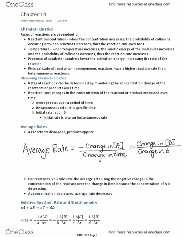 CHE-1102 Chapter Notes - Chapter 14: Reaction Rate Constant, Reagent, Stoichiometry thumbnail