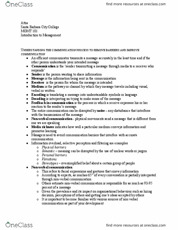 MGMT 101 Chapter Notes - Chapter 1: Santa Barbara City College, Nonverbal Communication, Organizational Behavior thumbnail