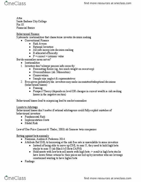 FIN 010 Lecture Notes - Lecture 27: Risk-Seeking, Sample Size Determination, Capital Asset Pricing Model thumbnail