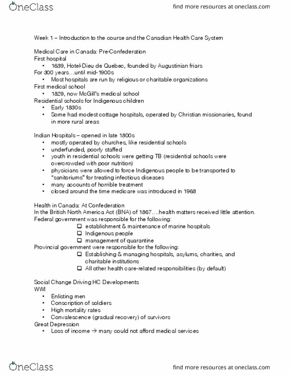 HE302 Lecture Notes - Lecture 1: Health Care In Canada, Canada Health Act, Services Hospital thumbnail
