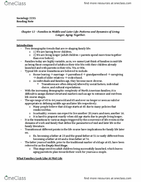 Sociology 2235 Chapter Notes - Chapter 12: Genetic Marker, Structural Level, Baby Boomers thumbnail