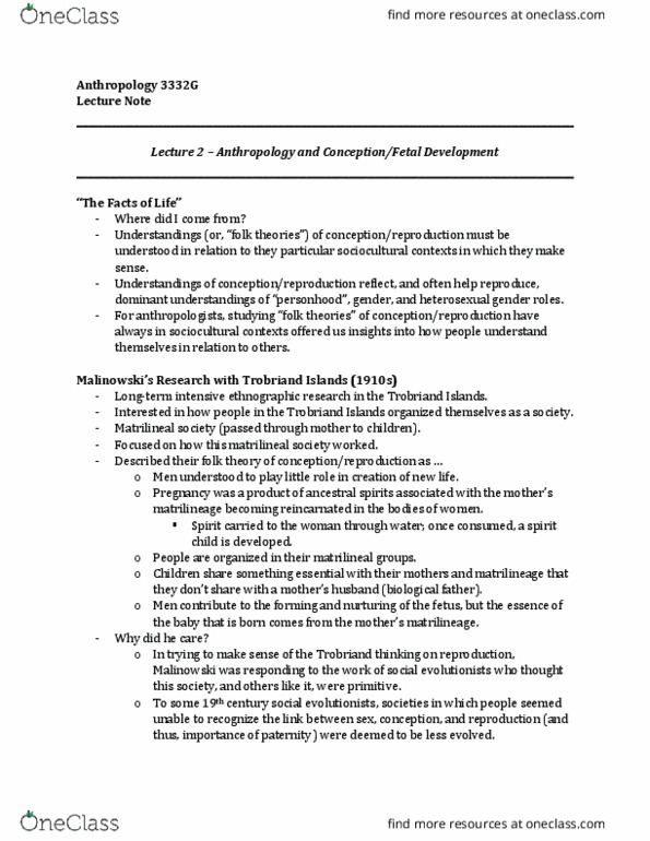 Anthropology 3332F/G Lecture Notes - Lecture 2: Trobriand Islands, Fetus, Simile thumbnail