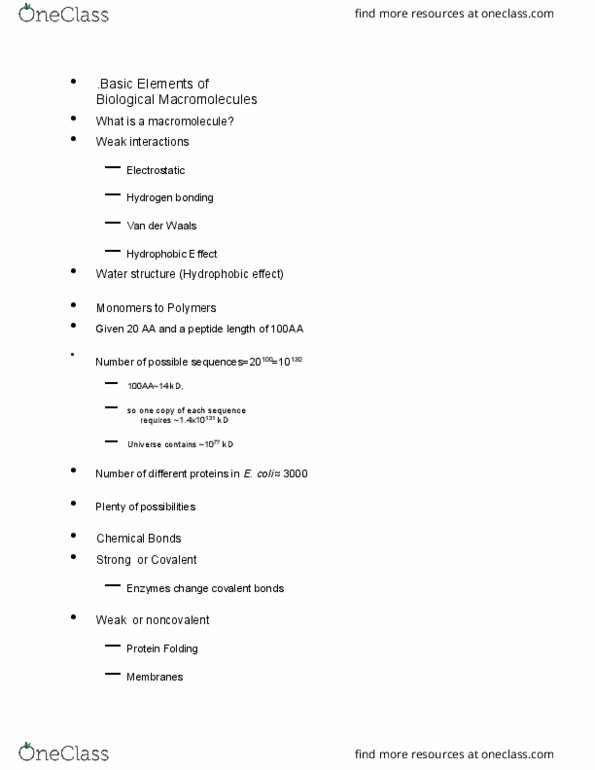 BIO 209 Lecture Notes - Lecture 4: Weak Interaction, Hydrogen Bond, Monomer thumbnail