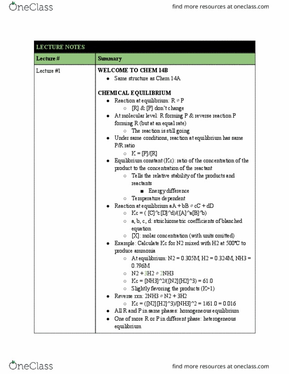 CHEM 14B Lecture Notes - Lecture 1: Ammonia, Equilibrium Constant, Partial Pressure thumbnail