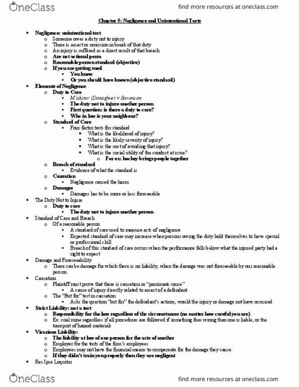 Management and Organizational Studies 2275A/B Chapter Notes - Chapter 5: Vicarious Liability, Ginger Beer, Replevin thumbnail