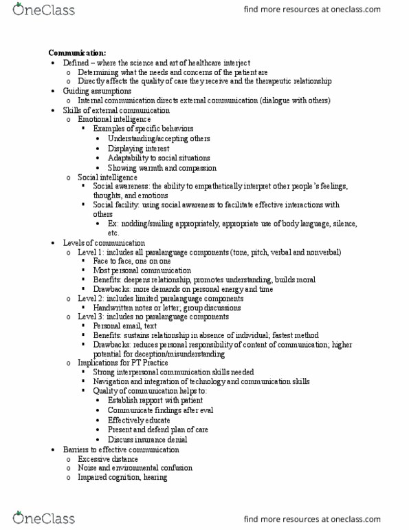 PT 504L Lecture Notes - Lecture 3: Paralanguage, Interpersonal Communication, Therapeutic Relationship thumbnail