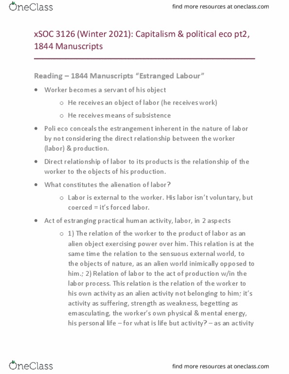 SOC 3126 Lecture Notes - Lecture 9: Economic And Philosophic Manuscripts Of 1844, Wage Labour thumbnail