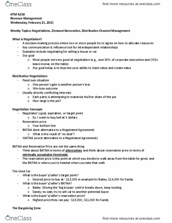 HTM 4250 Lecture Notes - Lecture 6: Best Alternative To A Negotiated Agreement, Reservation Price, Demand Generation thumbnail