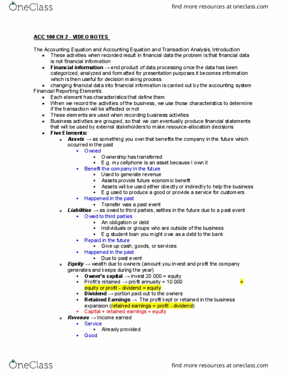 ACC 100 Chapter Notes - Chapter 2: Accounting, Accounting Equation, Financial Statement thumbnail