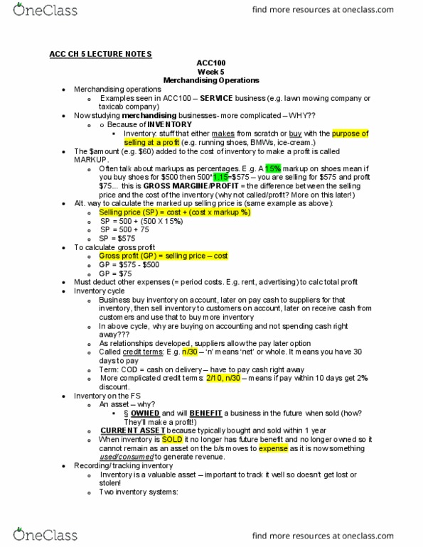 ACC 100 Chapter Notes - Chapter 5: Income Statement, Gross Margin, Gross Profit thumbnail