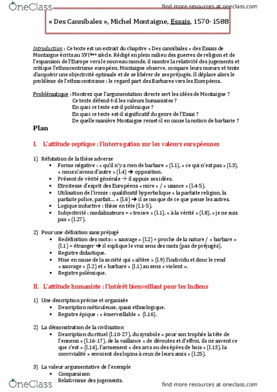 FREN 201 Lecture Notes - Lecture 11: Michel De Montaigne, La Nature, Law And Justice thumbnail