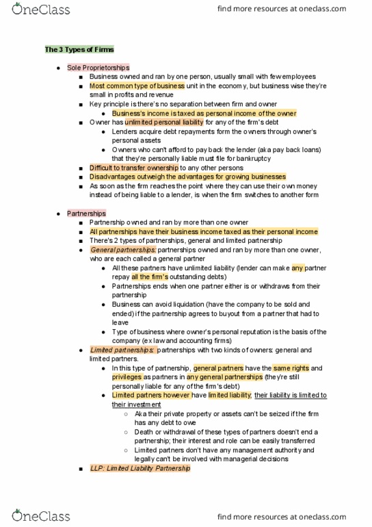 FIN 300 Lecture Notes - Lecture 1: Limited Liability Partnership, Limited Liability, General Partnership thumbnail