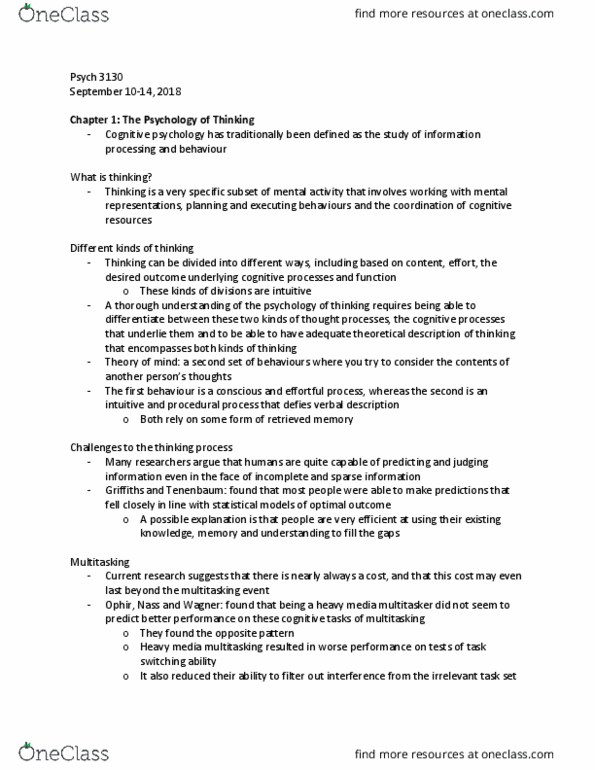 Psychology 3130A/B Chapter Notes - Chapter 1: Tabula Rasa, Cognitive Psychology, Behaviorism thumbnail