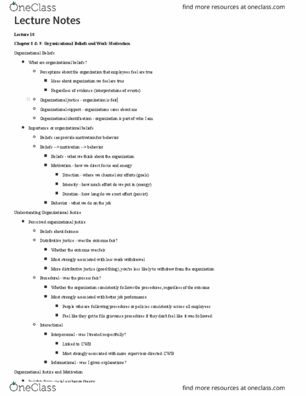 PSY 321 Lecture Notes - Lecture 10: Perceived Organizational Support, Social Exchange Theory, Organizational Justice thumbnail