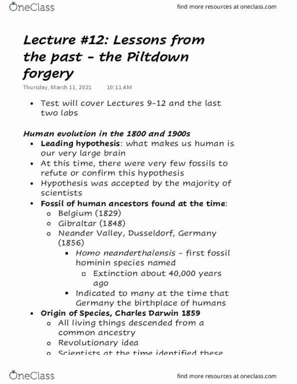 ANT203H5 Lecture Notes - Lecture 12: Piltdown Man, Transitional Fossil, Robert Broom thumbnail