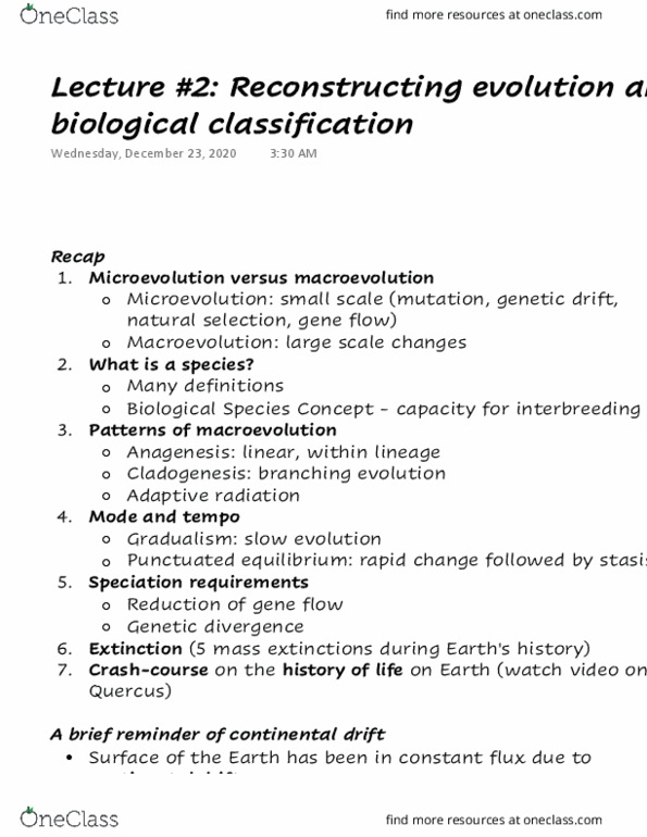 ANT203H5 Lecture Notes - Lecture 2: Species Problem, Continental Drift, Cladogenesis thumbnail