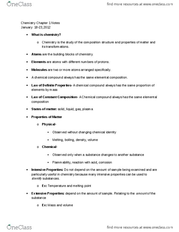 CHEM 1201 Chapter Notes - Chapter 1: Chemical Compound, Intensive And Extensive Properties, Trailing Zero thumbnail