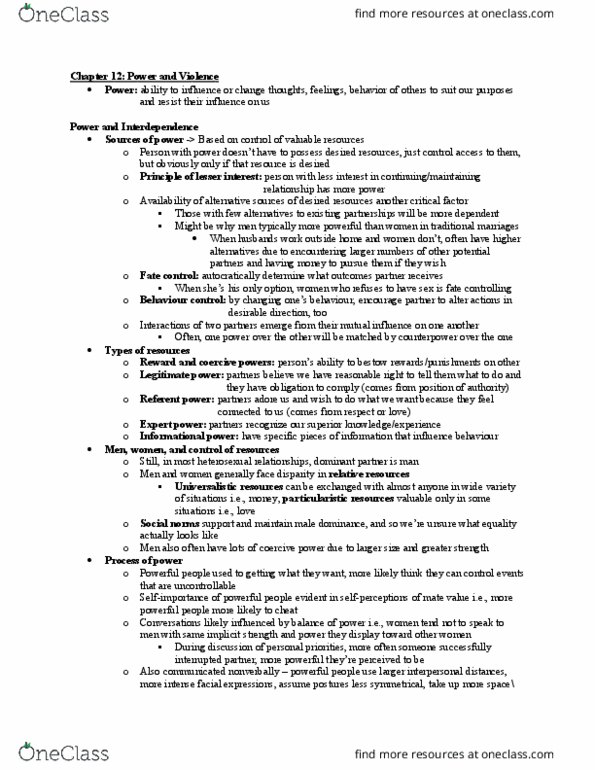PSYC 443 Chapter Notes - Chapter 12: Psychological Abuse, Agreeableness, Power (Social And Political) thumbnail