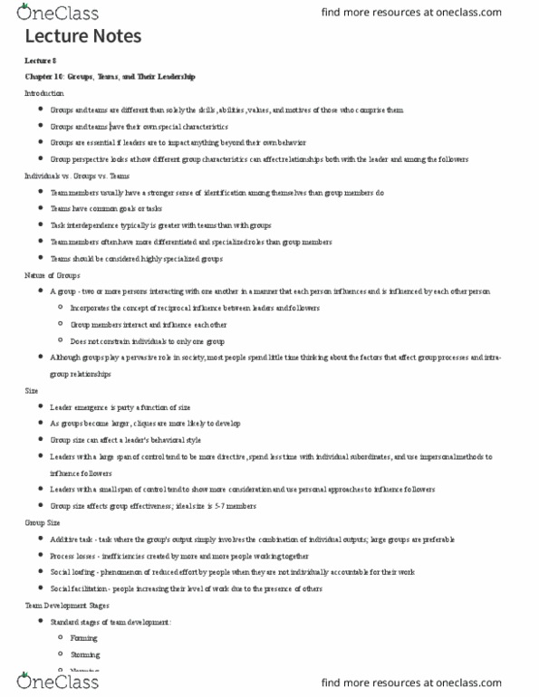 MGT 475 Lecture Notes - Lecture 8: Social Loafing, Social Facilitation, Organizational Architecture thumbnail