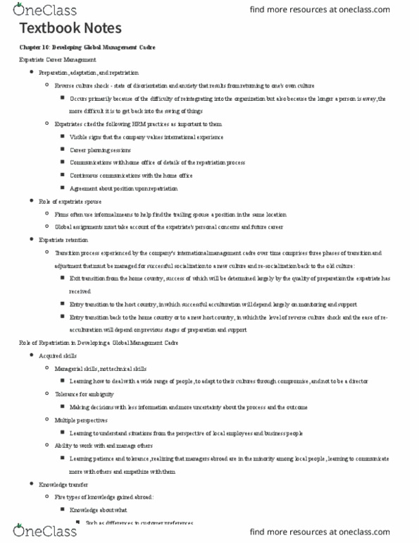 MGT 357 Chapter Notes - Chapter 10: Culture Shock, Knowledge Transfer, Acculturation thumbnail