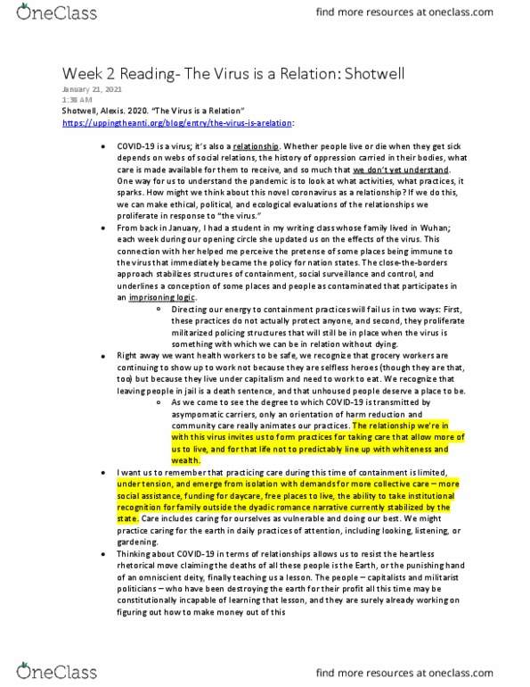 ANTH 4330 Chapter Notes - Chapter 2: Harm Reduction, Ursula K. Le Guin, Coronavirus thumbnail