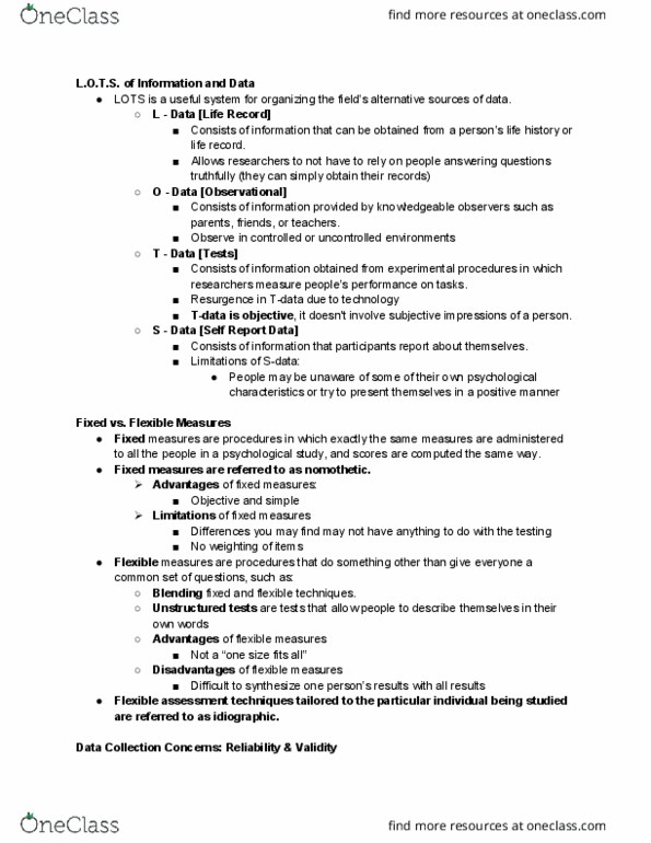 PSY 505 Lecture Notes - Lecture 2: Nomothetic, Psychological Testing, Demand Characteristics thumbnail