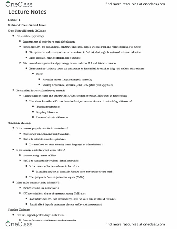 PSY 321 Lecture Notes - Lecture 14: Semantic Equivalence, Emic And Etic, Content Validity thumbnail