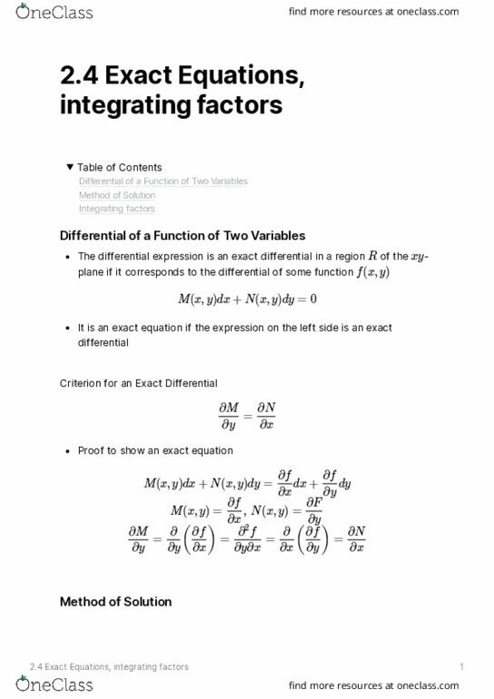 ENGR 213 Lecture Notes - Lecture 4: Exact Differential, Integrating Factor, Ordinary Differential Equation thumbnail