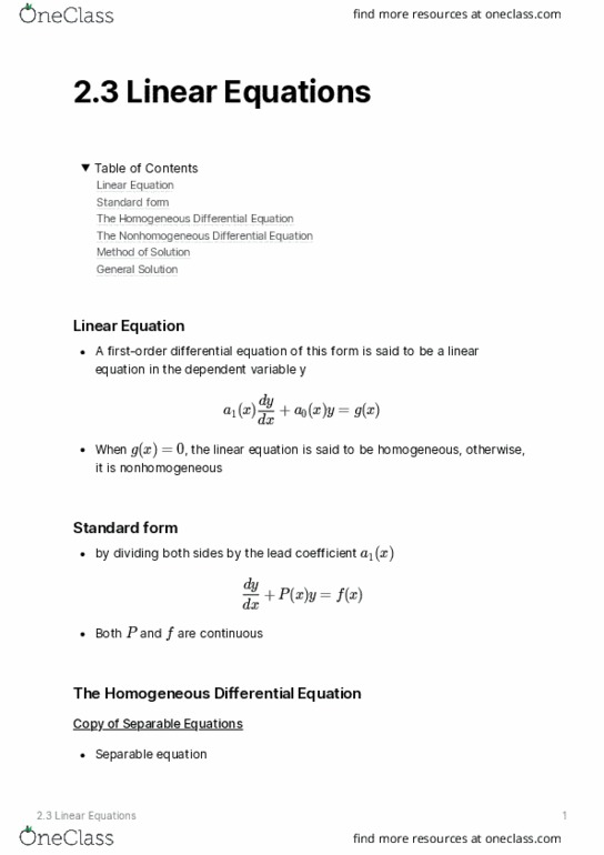 ENGR 213 Lecture Notes - Lecture 3: Linear Equation, Dependent And Independent Variables, Integrating Factor thumbnail