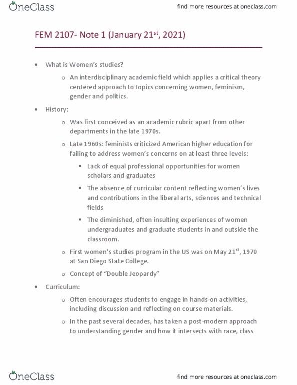 FEM 2107 Lecture Notes - Lecture 1: Stereotype, Industrial Revolution, Social Inequality thumbnail