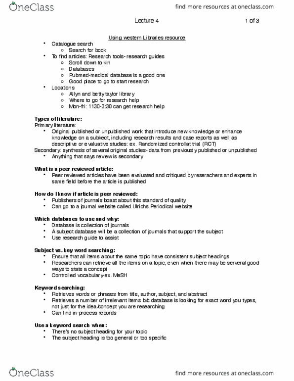 Kinesiology 2032A/B Lecture Notes - Lecture 4: Medical Subject Headings (Mesh), Long Term Ecological Research Network thumbnail