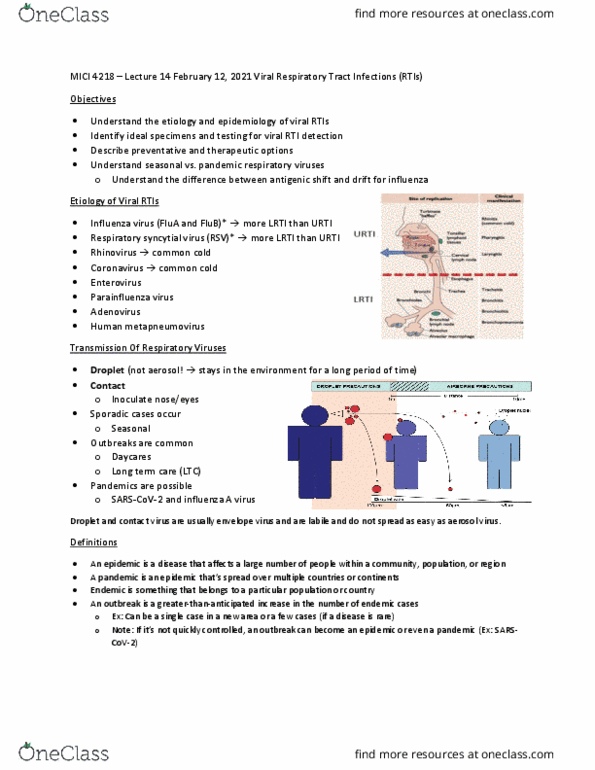 MICI 4218 Lecture Notes - Lecture 14: Influenza A Virus, Orthomyxoviridae, Respiratory Tract Infection thumbnail