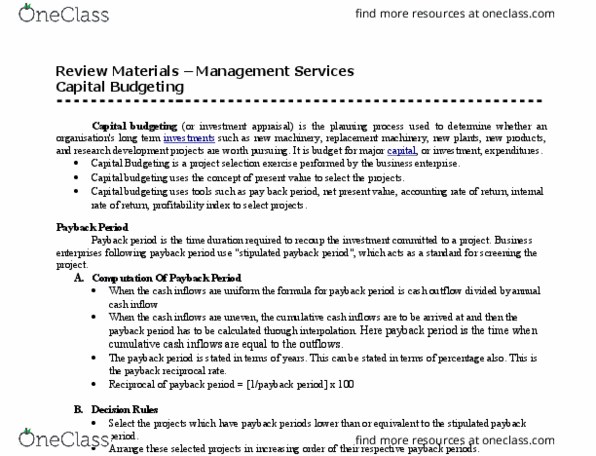 BUSI 1011 Lecture Notes - Lecture 4: Payback Period, Capital Budgeting, Net Profit thumbnail